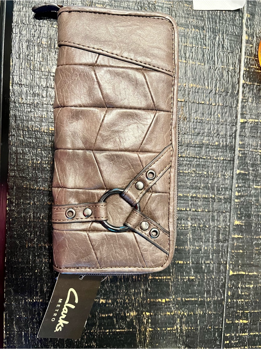 Clarks Brown Quilted Ring-Accent Zip Wallet